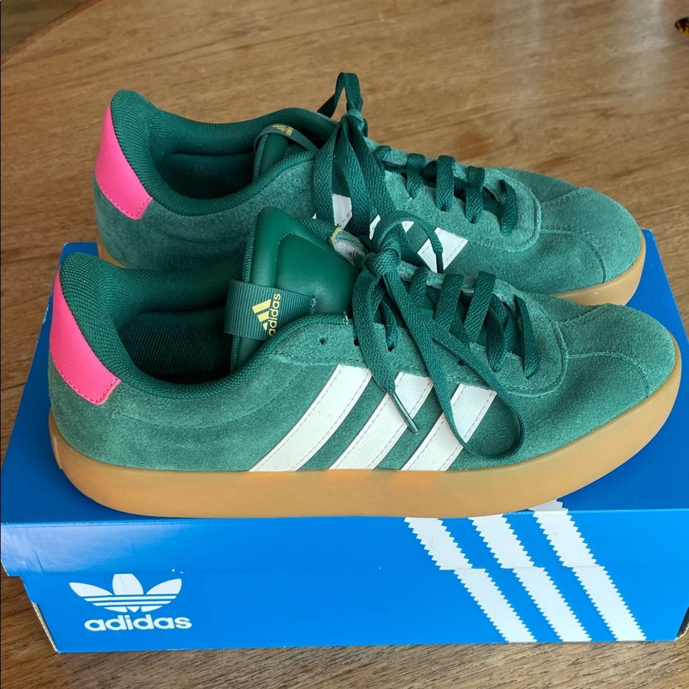 Adidas Green Suede Sneakers with White Stripes , Pink detail, and Gum Sole